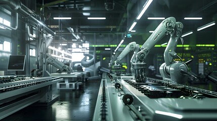  a high-tech recycling facility where robotic arms meticulously disassemble spent EV batteries, extracting valuable materials and contributing to environmental sustainability