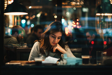 A girl is sitting in the restaurant, studying papers with her head resting on one hand and looking at them thoughtfully - Powered by Adobe
