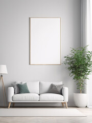 Frame mockup, ISO A paper size. Living room wall poster mockup. Interior mockup with house background. Modern interior design. 3D render