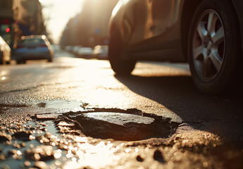 closeup of big deep pothole and car tire on the road