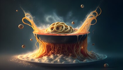 K Digital Painting of a Spaghetti Creature Revolving around a Plate of Pasta Evoking Surrealism