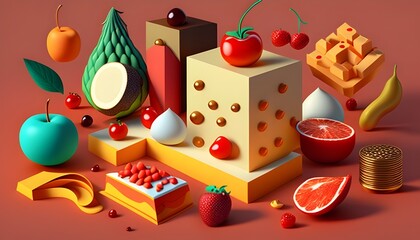 Vibrant D Rendering of Assorted Food on Uniform Color Background