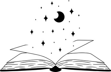 Minimalistic line art of book with stars and moon, magical silhouette art