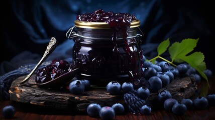 Blueberry jam in a jar. Selective focus.