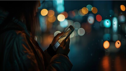 Close up of woman's hand using smartphone in the dark, against illuminated city light bokeh. with high resolution photography, copy space for text banner background