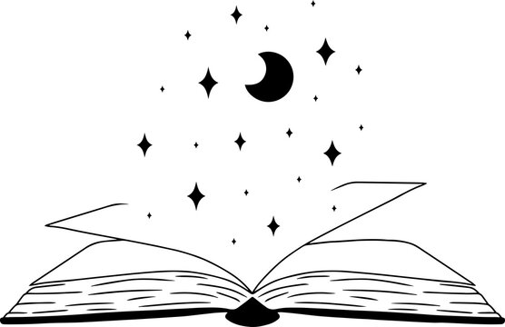 Minimalistic line art of book with stars and moon, magical silhouette art