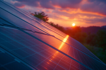 Close up of solar panels on the roof, photovoltaic power plant in modern house at sunset