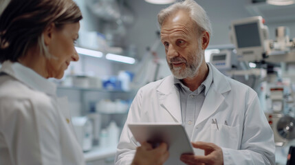 Obraz premium A senior male scientist discussing research findings with a female colleague in a lab setting.