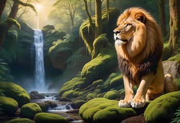 lion sitting by waterfall (197)