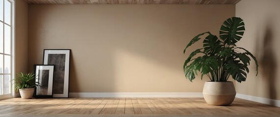 empty room interior background beige wall pot | modern luxury living room | empty room for copyspace | texture background 