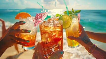 close-up of cocktails in hands on the background of the beach. Selective focus
