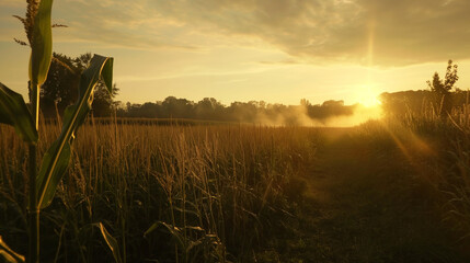 cinematic scene of a cornfield during sunset hours