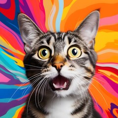 Realistic surprised cat with open mouth. Generative AI.