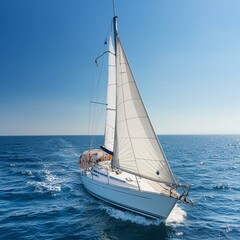 A sailboat on the open sea with a clear blue sky and sunlight in the background. white boat on blue sea