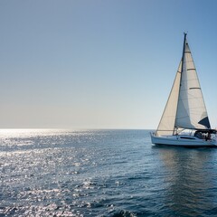Fototapeta premium A sailboat on the open sea with a clear blue sky and sunlight in the background. white boat on blue sea