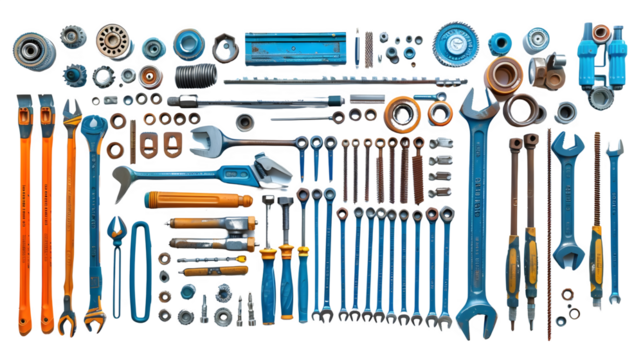 Construction tools placed on a flat layout isolated on a transparent background, PNG, Ai