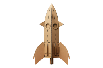Cardboard rocket ship crafted from a box isolated on transparent background