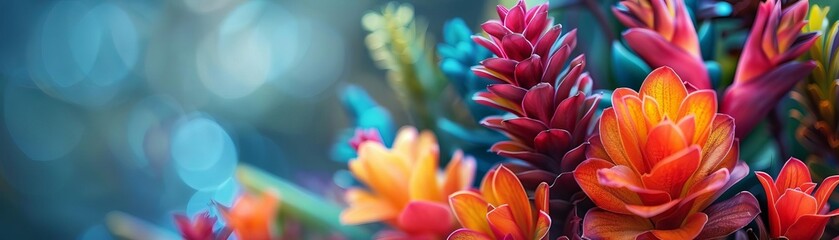 Obraz premium Vibrant close-up of a bouquet of flowers in full bloom against a blurred background.