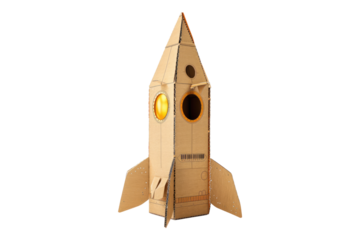 Cardboard rocket ship crafted from a box isolated on transparent background