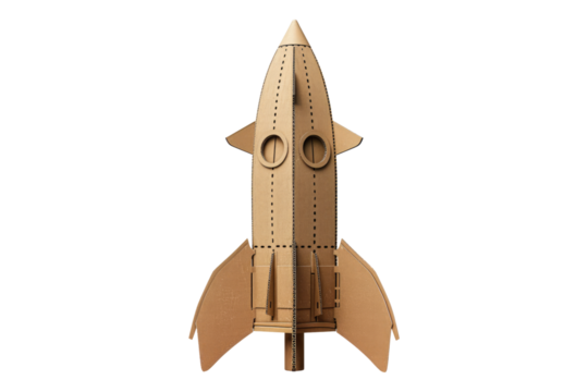Cardboard rocket ship crafted from a box isolated on transparent background