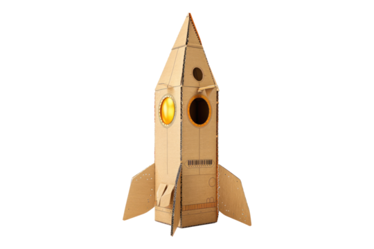 Cardboard rocket ship crafted from a box isolated on transparent background - Powered by Adobe