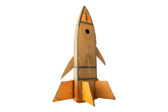 Cardboard rocket ship crafted from a box isolated on transparent background