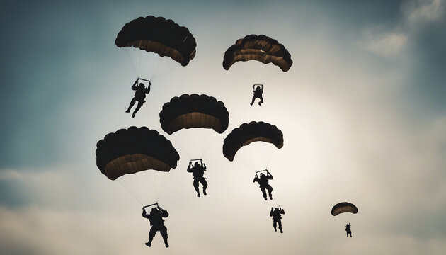 silhouettes of parachuting soldiers in the sky.