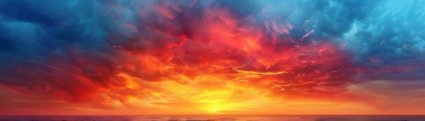 A beautiful sunset over the ocean. The sky is ablaze with color, and the water is calm and still. The scene is peaceful and serene.