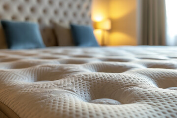 Close up of mattress in a luxury hotel room, with a blurred background, soft lighting creating a bokeh effect