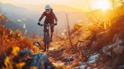 A mountain biker in full gear speeds down a rocky mountain path during a vibrant sunset.