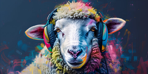 A sheep with a blue face and horns,A realistic sheep neon effect in the background