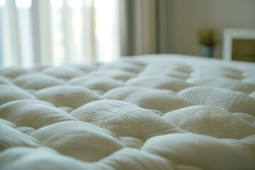 Close up of mattress in a luxury hotel room, with a blurred background, soft lighting creating a bokeh effect