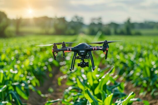 Aerial coworker drone technology in unmanned agricultural operations for cornfields, using blue agricultural drones for precise farm vehicle management and diverse farming landscapes.