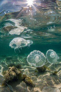 Fotograf&iacute;a submarina de una bando dee medusas nadando tranquilamente por aguas tropicales, snorkel en aguas cristalinas, medusas aisladas en la playa
