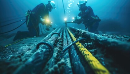 Technicians installing a submarine fiber optic cable underwater