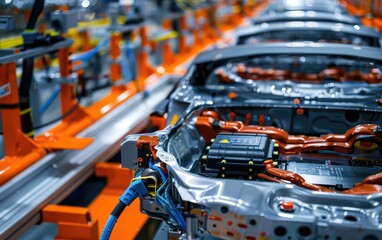 Fototapeta premium Vehicle battery cells connected to testing equipment, emphasizing performance analysis and safety selective focus, performance testing, dynamic, Fusion, high-tech facility