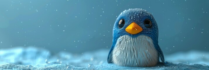 A blue bird with a yellow beak perched in a snowy landscape