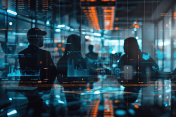 Business team in a financial meeting with multiple graphs displayed, emphasizing comprehensive analysis selective focus, thorough analysis, dynamic, Multilayer, executive office