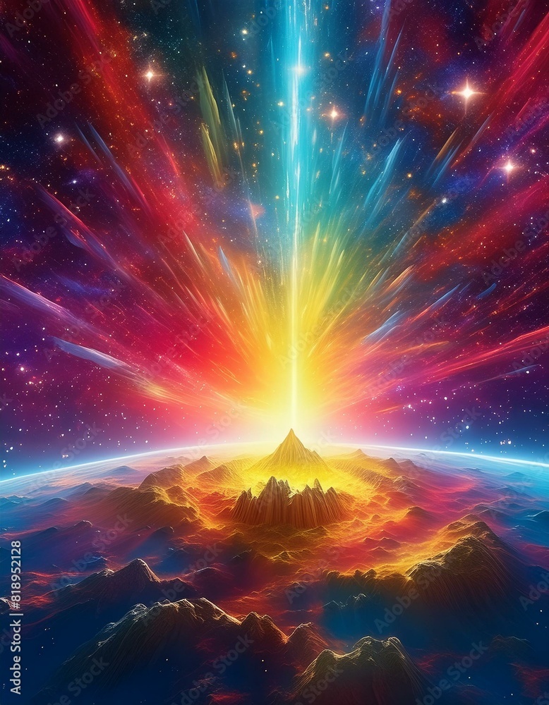 Wall mural scene showing the remnants of a supernova, with a colorful explosion of gases and debris expanding o