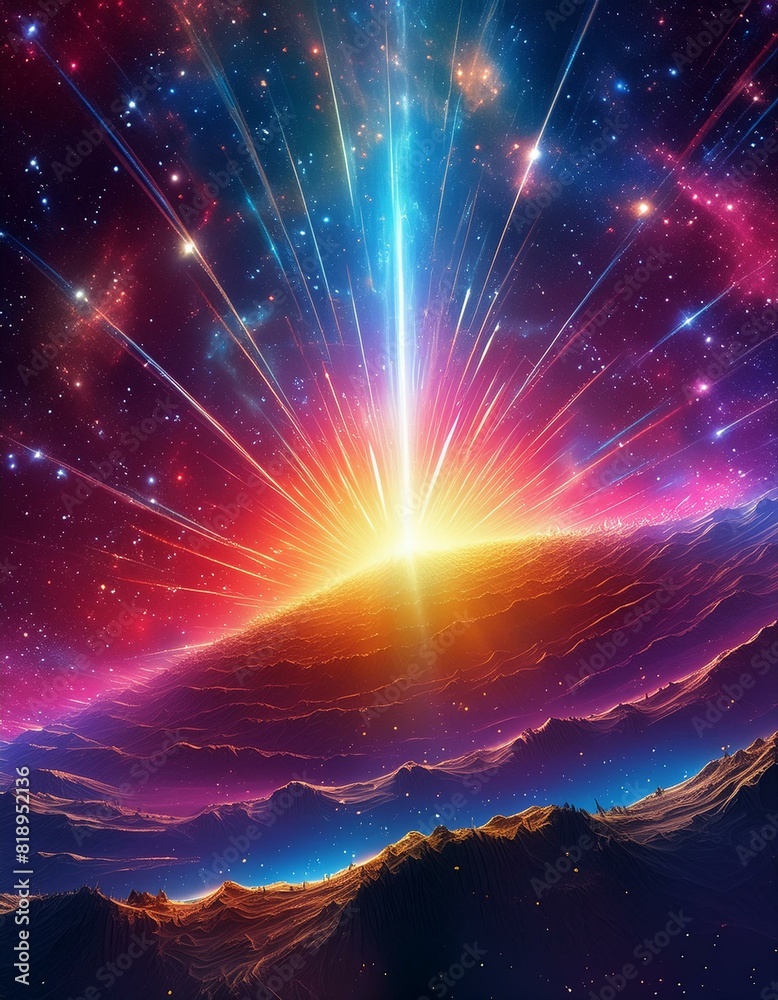 Wall mural scene showing the remnants of a supernova, with a colorful explosion of gases and debris expanding o
