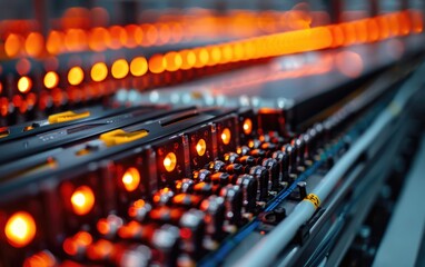 Close-up of vehicle battery cells arranged in rows within a testing facility, highlighting precision and technology close up, battery technology, futuristic, Composite, testing lab