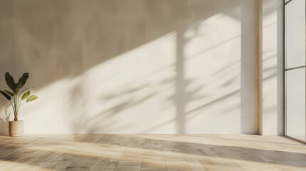 Bright room with panoramic windows, no furniture, sunlight rays shining through.