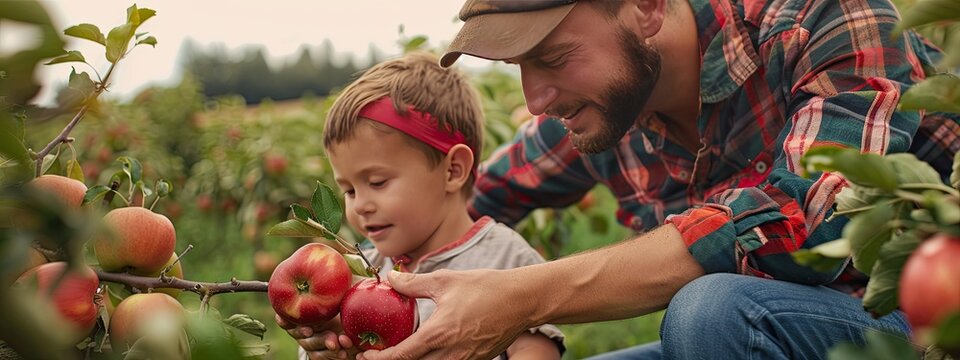 a boy with his father collects apples. Selective focus