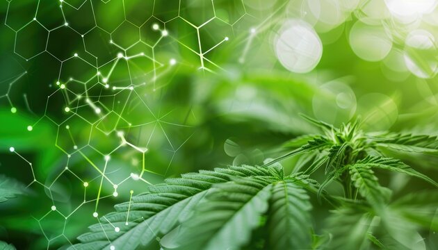 Close-up of hemp leaves with cannabinoid molecules overlaid