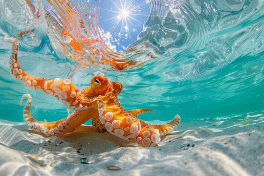 Divertido pulpo nadando en el fondo del mar cerca de la playa, aguas turquesas y fauna marina tropical, fotograf&iacute;a submarina de un pulpo naranja moviendo sus tent&aacute;culos 