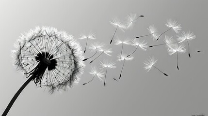   Black-and-white image of a dandelion swaying in the wind against a gray backdrop