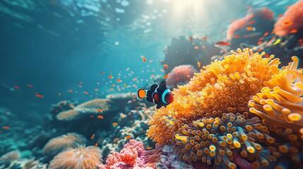   Underwater scenery showcases vibrant coral reef, playful clownfish, and serene sea anemones Sunbeams highlight the scene from above