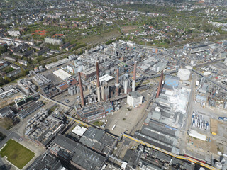 Aerial birds eye Drone Views of a German Multinational Company's Consumer Goods and adhesive Factory.