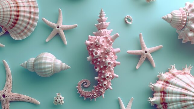   A coll of seashells & starfish on a blue bg w/ a pink seahorse in the center