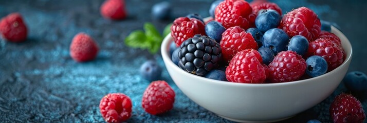 A bowl brimming with ripe raspberries and blueberries
